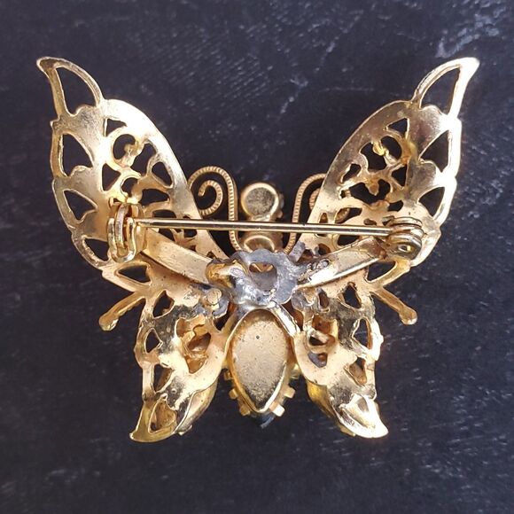 Gold Tone Butterfly Brooch Pin Green Purple Rhinestone Fancy Intricate 1.5 Inch - Picture 2 of 7